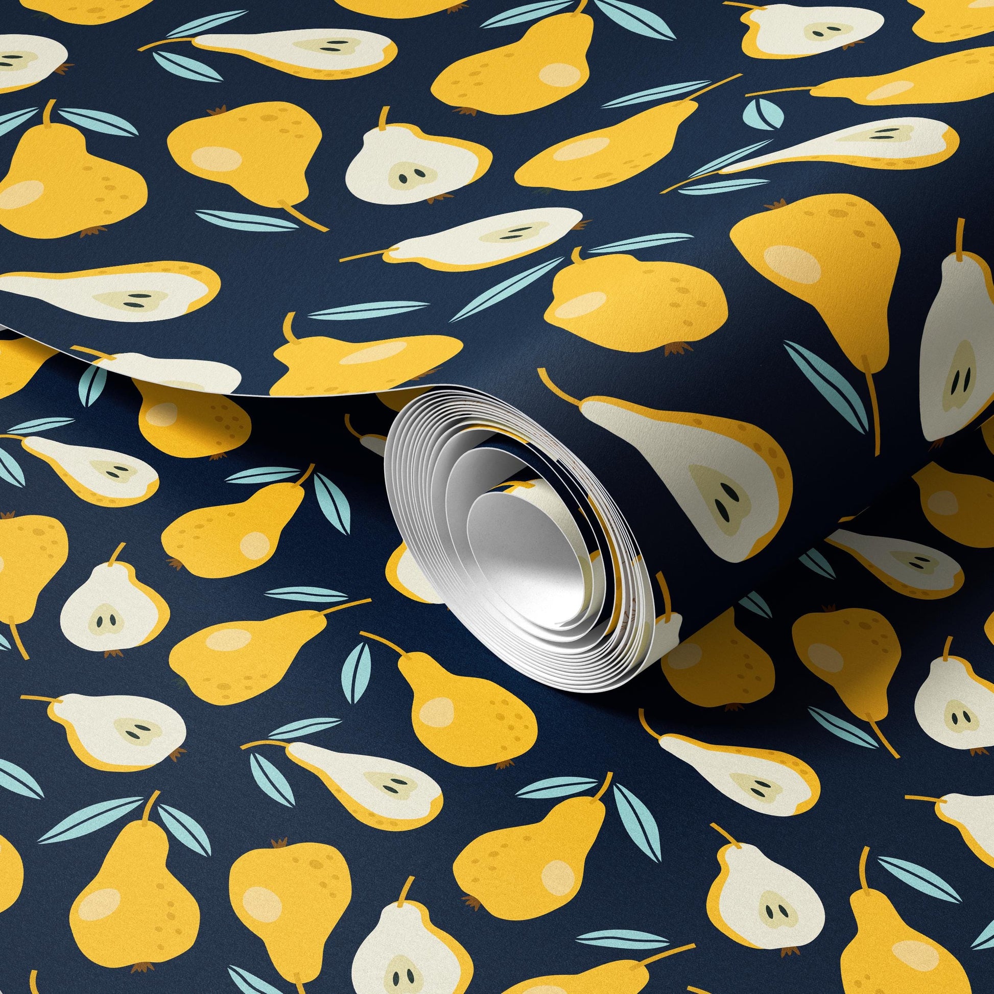 a close-up view of a roll of wallpaper with a repeating pattern of yellow pears against a dark blue background.