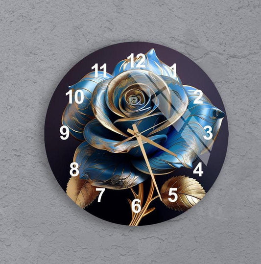 Tempered Glass Wall Clock - Abstract Blue Gold Rose Floral Kitchen Decor Gift