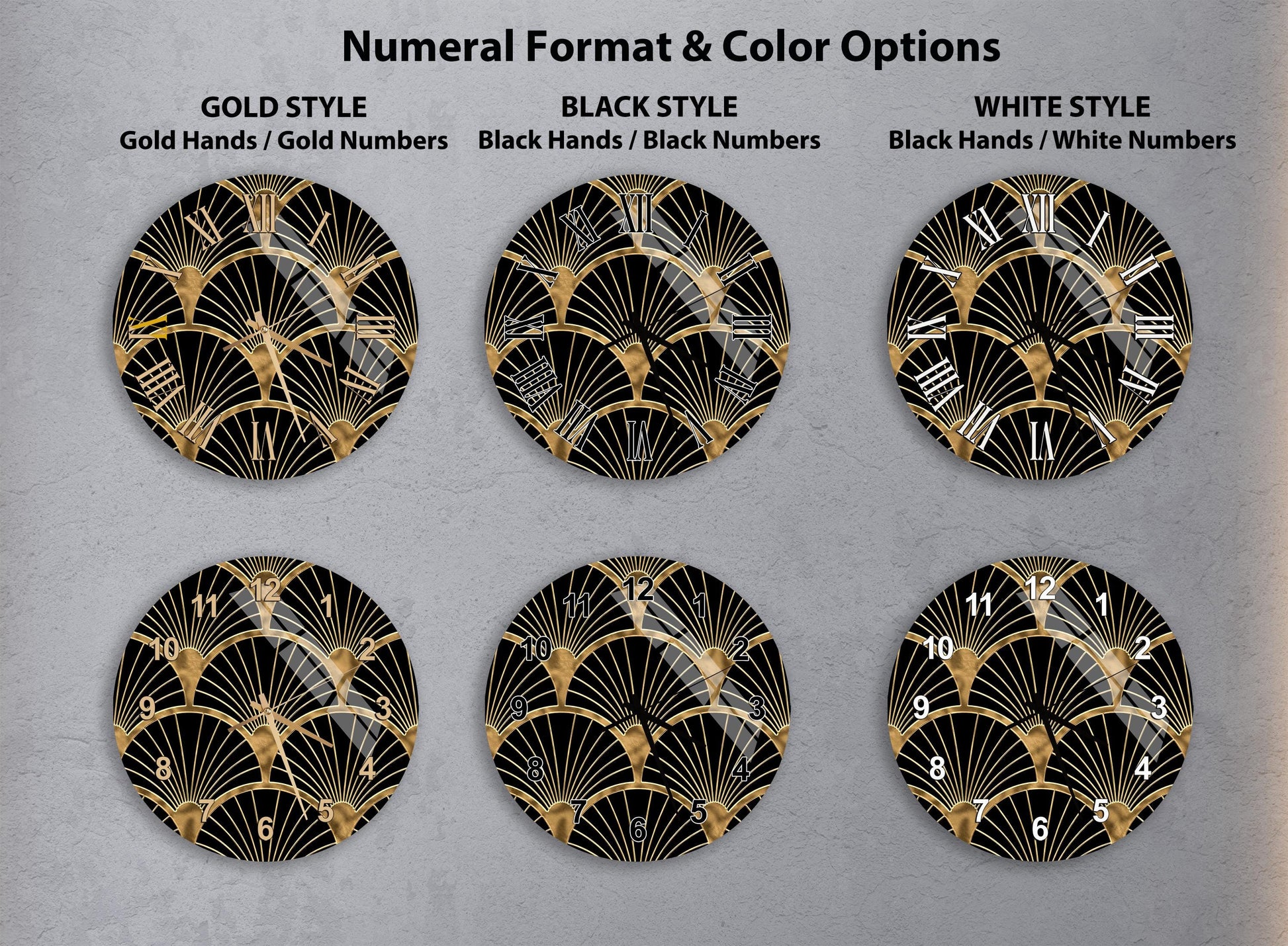six different clock faces with various styles and color options, including gold hands and numbers, black hands and numbers, and white hands and numbers.