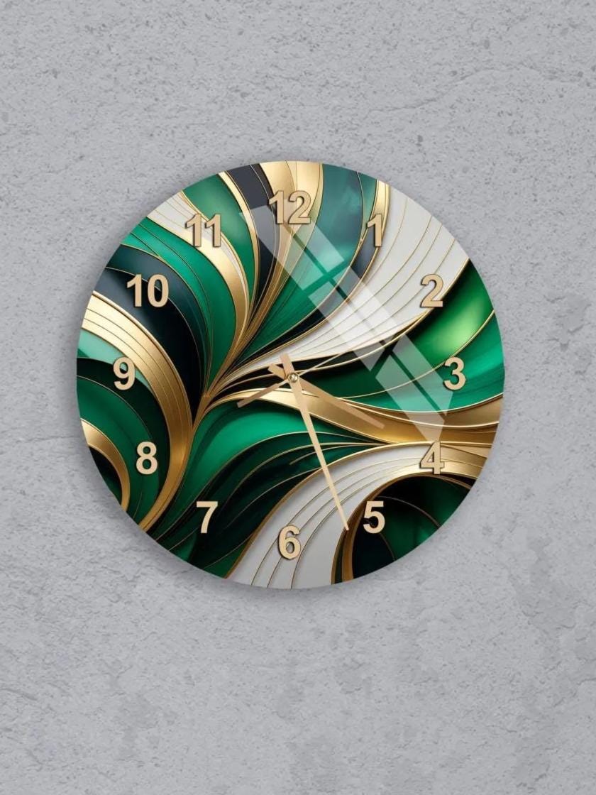 six round wall clocks with unique designs, arranged in a grid pattern on a gray background.