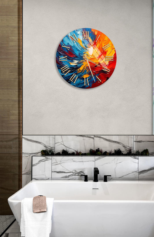 Tempered Glass Wall Clock - Abstract Art Color Splash Blue Orange Red Decor