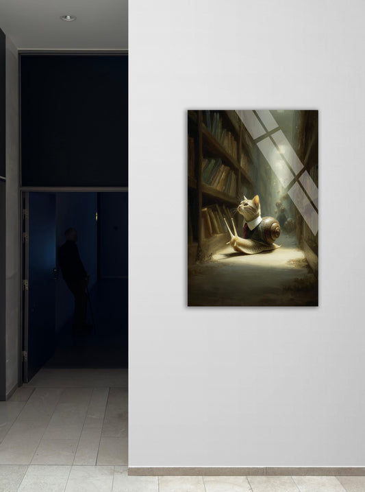 Tempered Glass Wall Art – Dark Academia Decor with Surreal Cat Snail Print