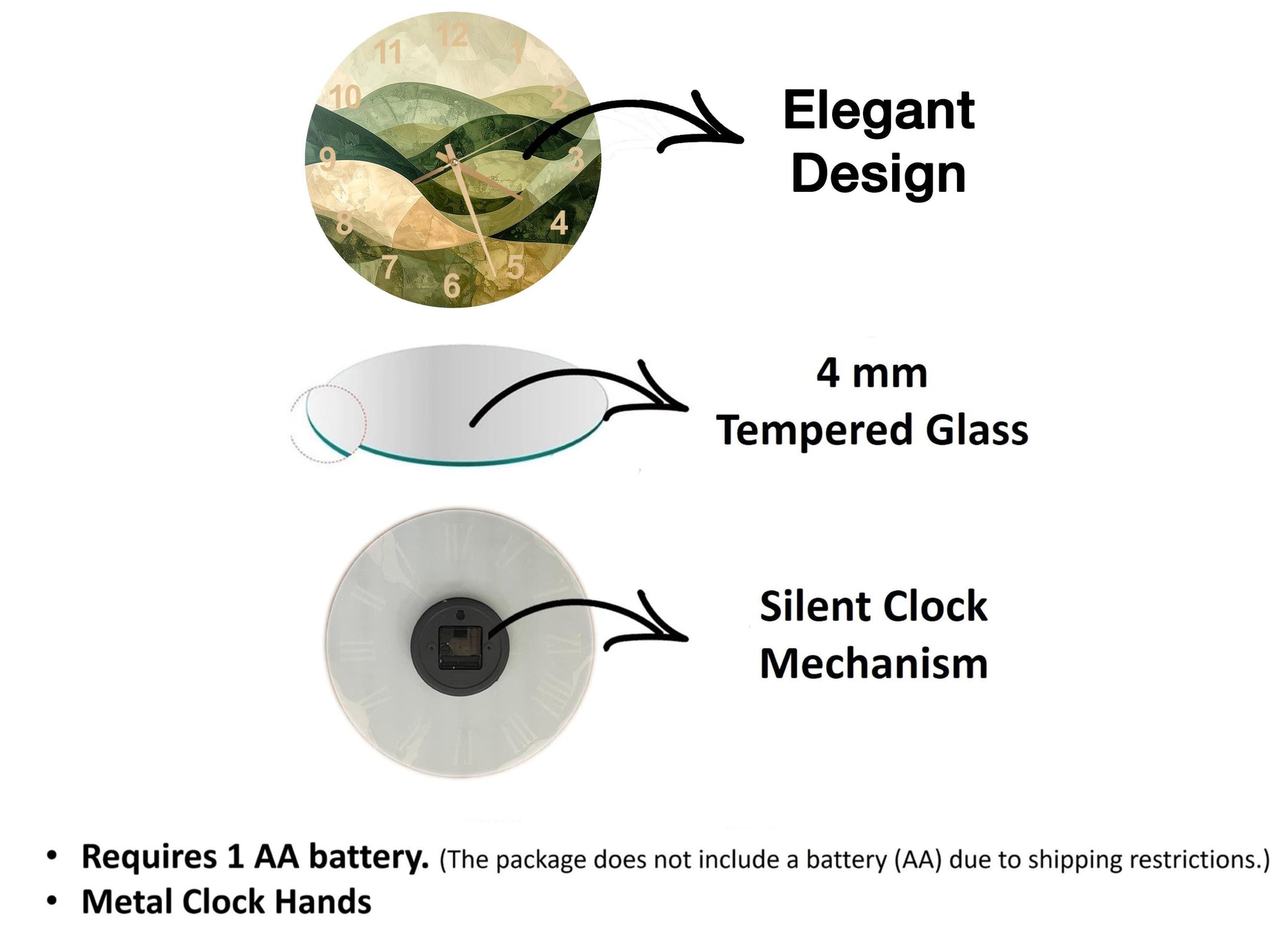 The image is a diagram that illustrates the features of a clock, including its design, size, and mechanism. It shows a 4 mm Tempered Glass clock, a silent clock mechanism, and a metal clock hand. The diagram also includes text that explains the features of the clock, such as the requirement of a 1 AA battery and the absence of a battery (AA) due to shipping restrictions.