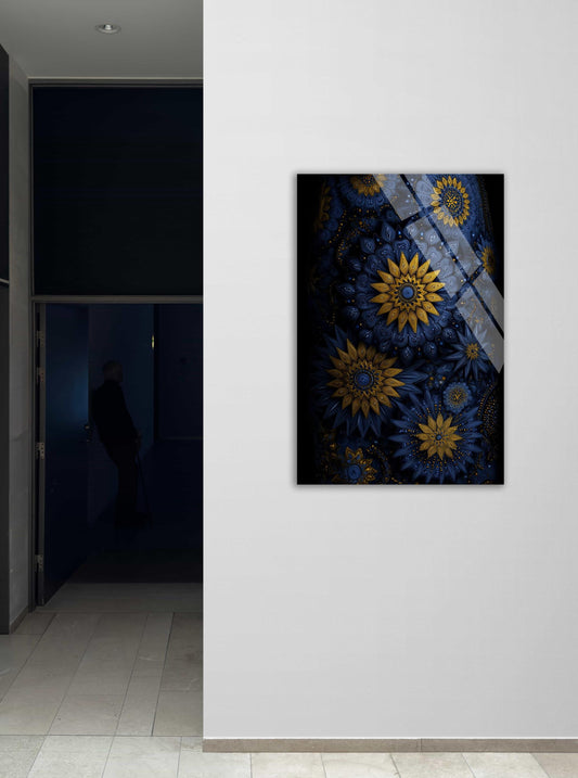 Gold Sunflower Mandala Tempered Glass Art - Navy Blue Bohemian Wall Decor