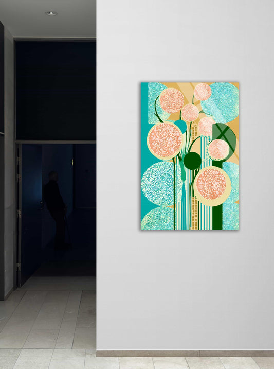 Tempered Glass Wall Art - Abstract Floral Design with Vibrant Peach Teal Colors