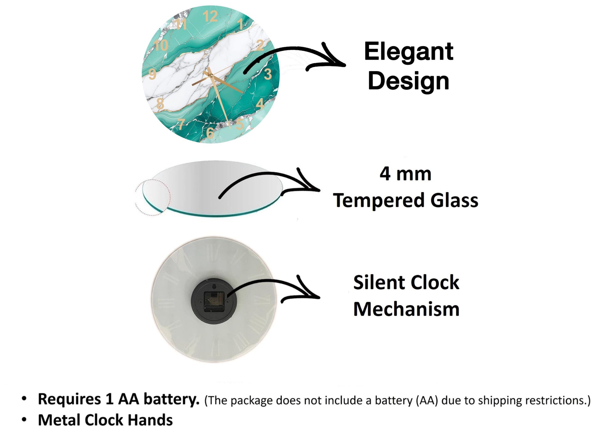 The image is a diagram that illustrates the features of a clock, including its design, size, and mechanism. It shows a 4 mm Tempered Glass clock, a silent clock mechanism, and a metal clock hand. The diagram also includes text that explains the features of the clock, such as the requirement of a 1 AA battery and the absence of a battery (AA) due to shipping restrictions.