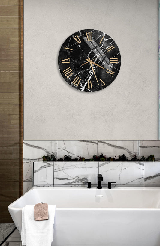 Black Marble Wall Clock – Tempered Glass, Modern Design, Elegant Home Decor