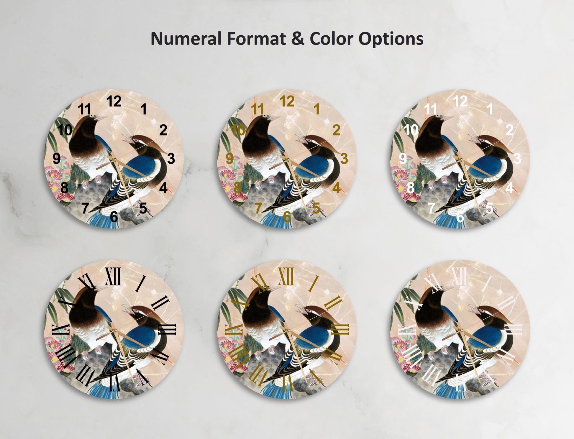 a set of four clocks with a bird on them