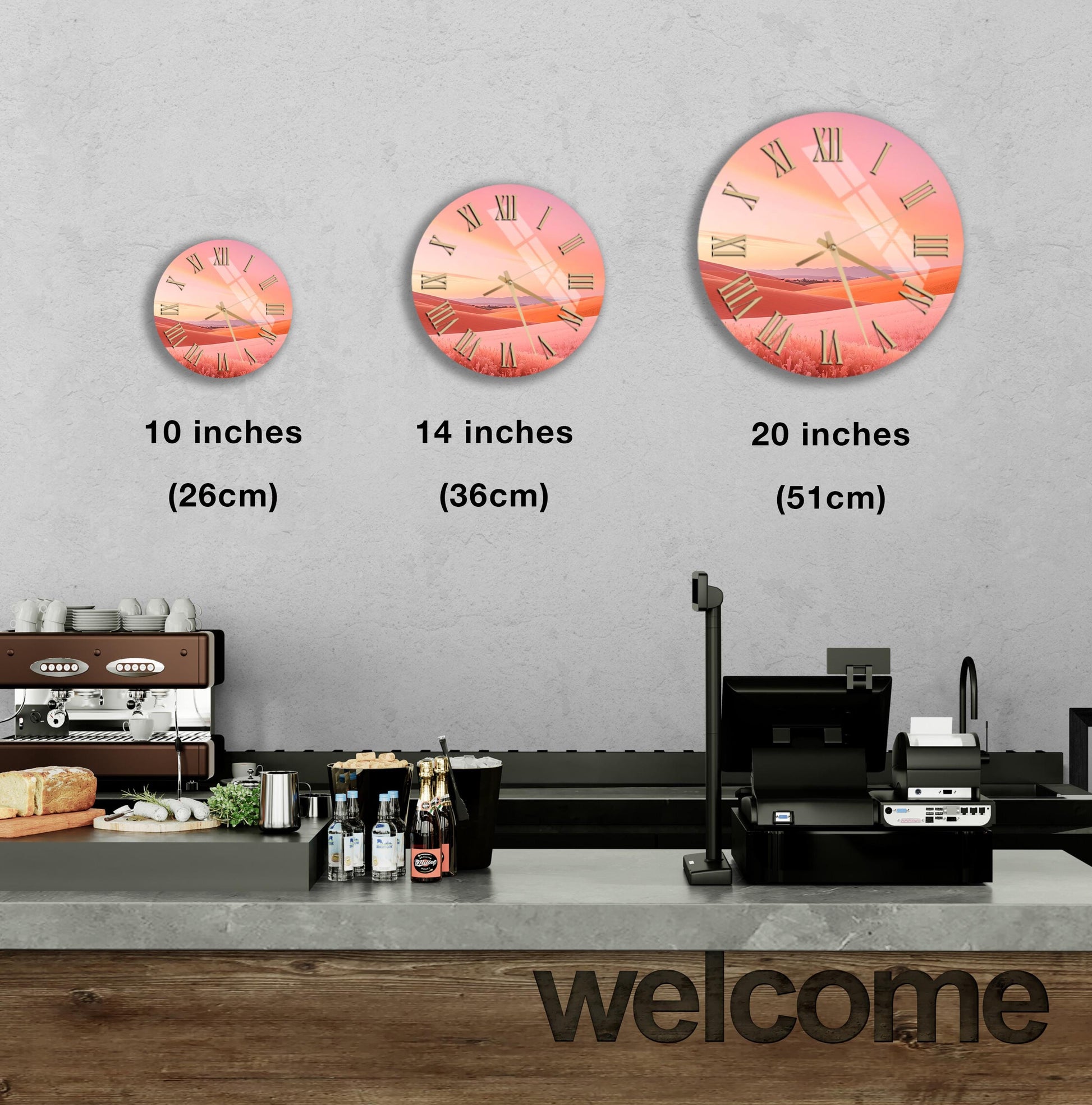 a wall with three different clock sizes, ranging from 10 inches to 20 inches, and a counter with a cash register and various items on it.