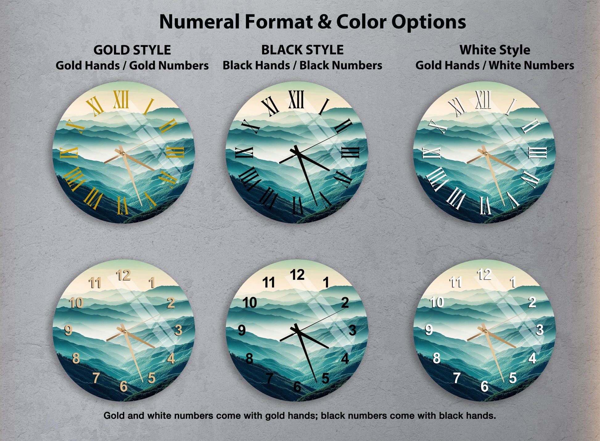 a set of four clocks with different designs on them
