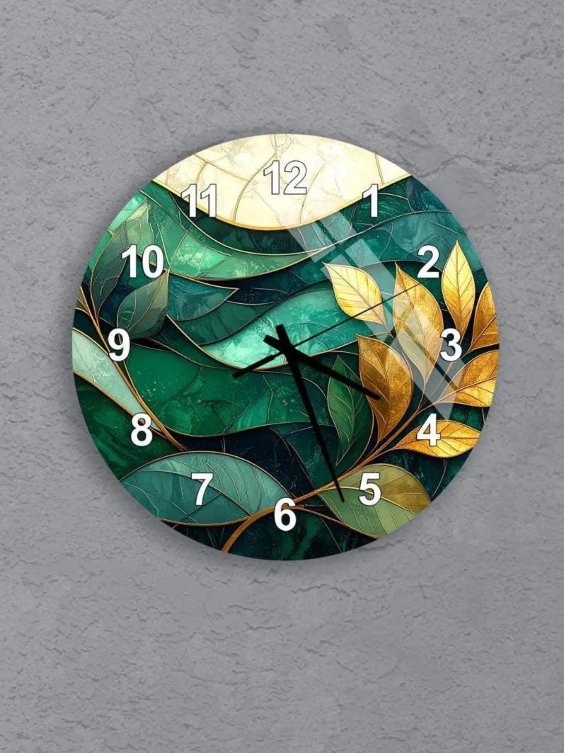 six circular wall clocks with different designs and colors, including green, yellow, and brown elements.