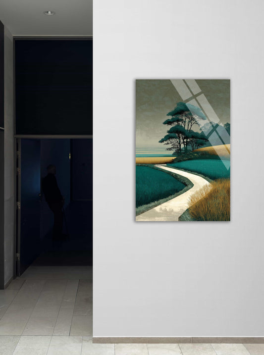 Tempered Glass Wall Art – Modern Japanese Landscape With Teal Gold Abstract Scenic Poster