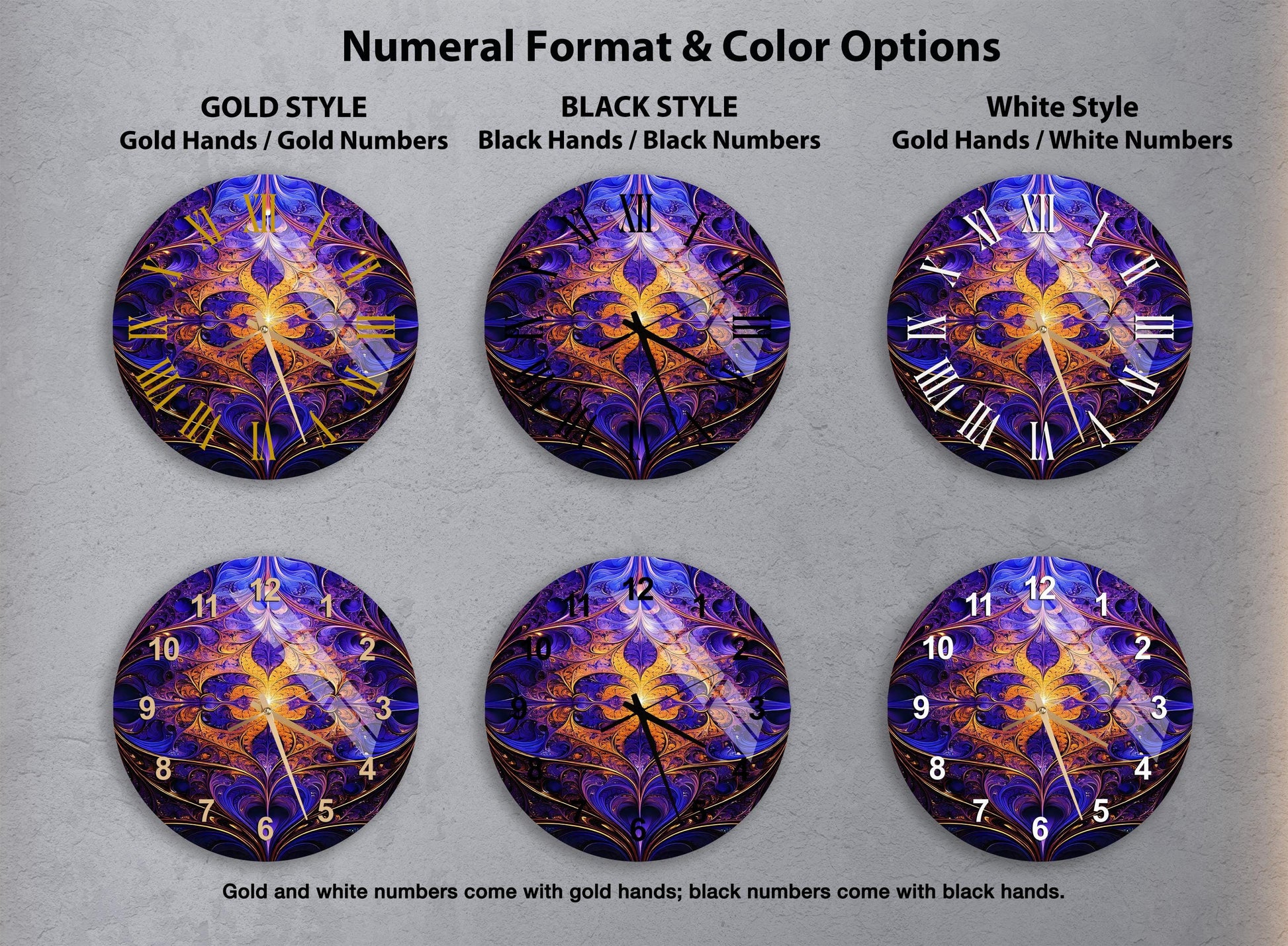a set of four clocks with different designs on them