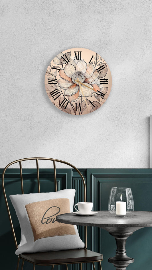 Tempered Glass Wall Clock – Modern Floral Design, Beige Minimalist Decor Gift