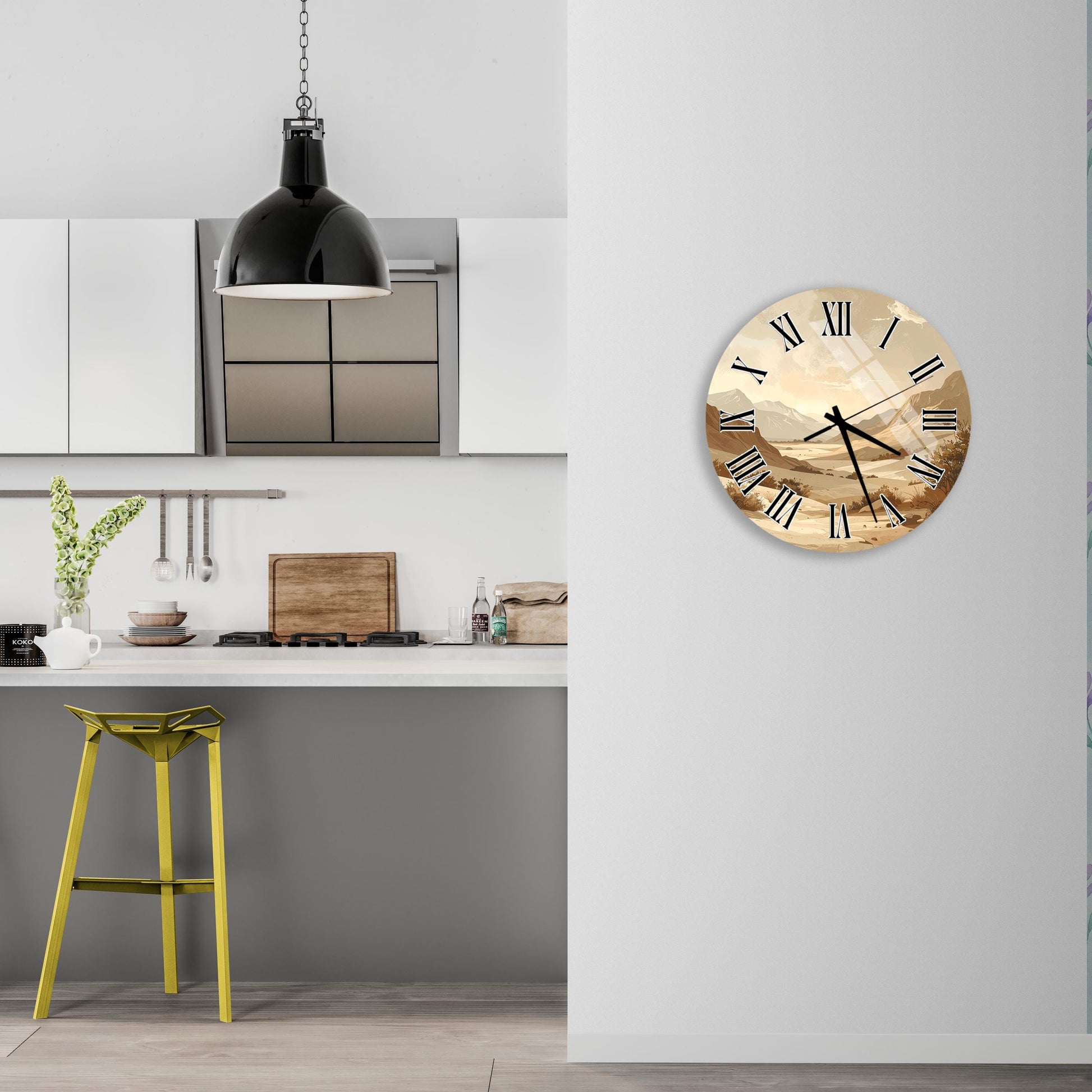 a kitchen with a yellow stool, a round wall clock, and a hanging light fixture.