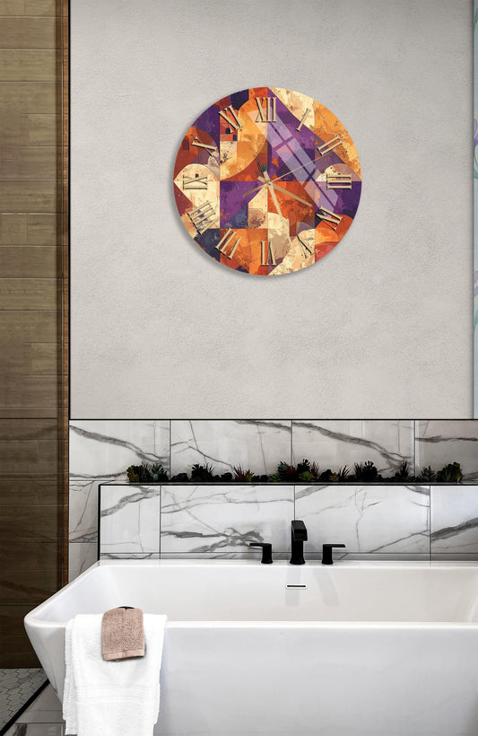 Tempered Glass Wall Clock - Modern Abstract Art, Purple Orange Decor, Silent Sweep