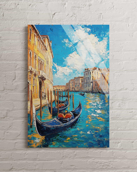 Venice Canal Gondola Art – Tempered Glass Wall Art | Vibrant Blue Cityscape