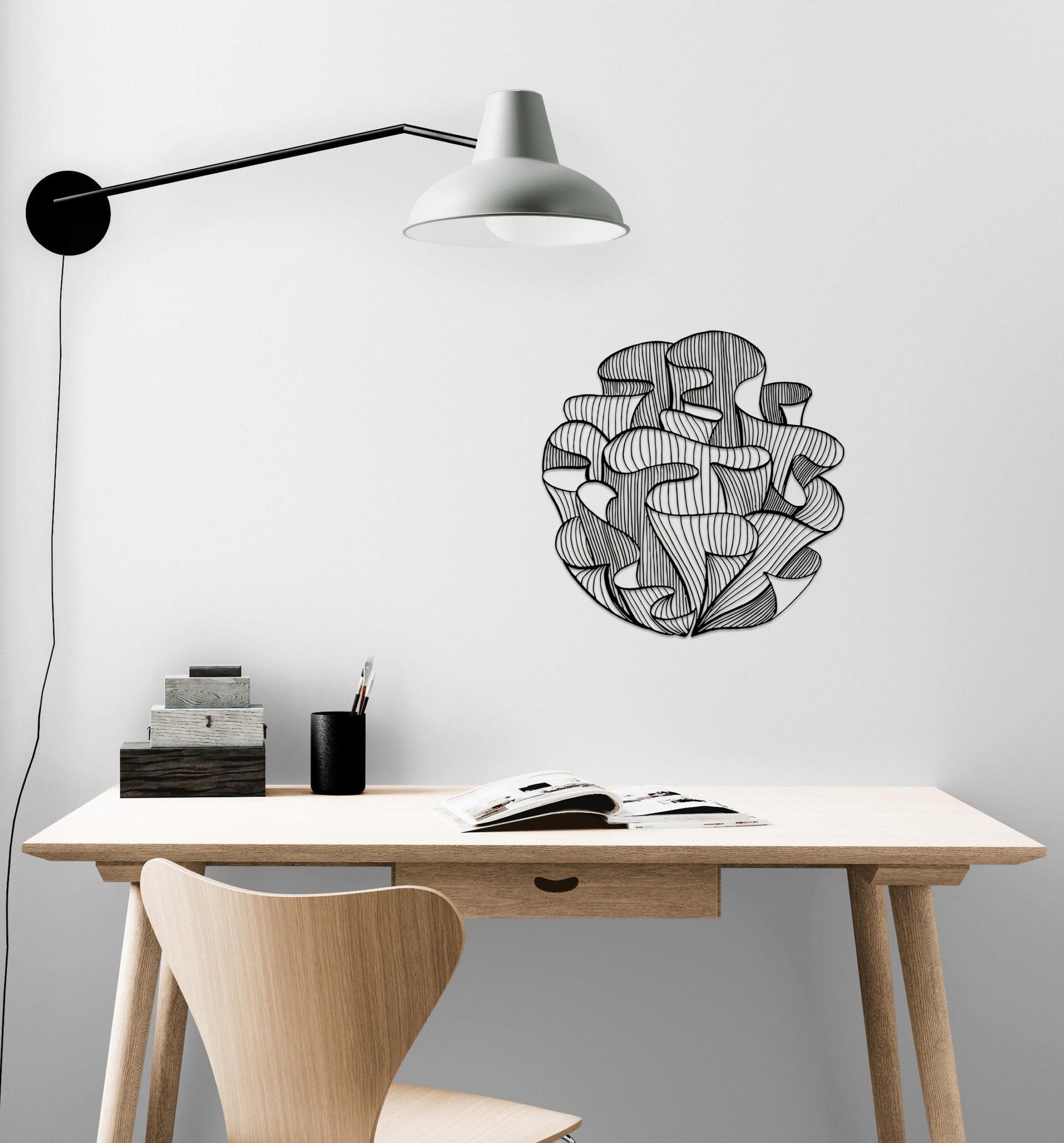 a desk with a chair and a lamp on it