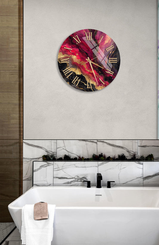 Tempered Glass Wall Clock – Modern Art Red Gold Black Decorative Design