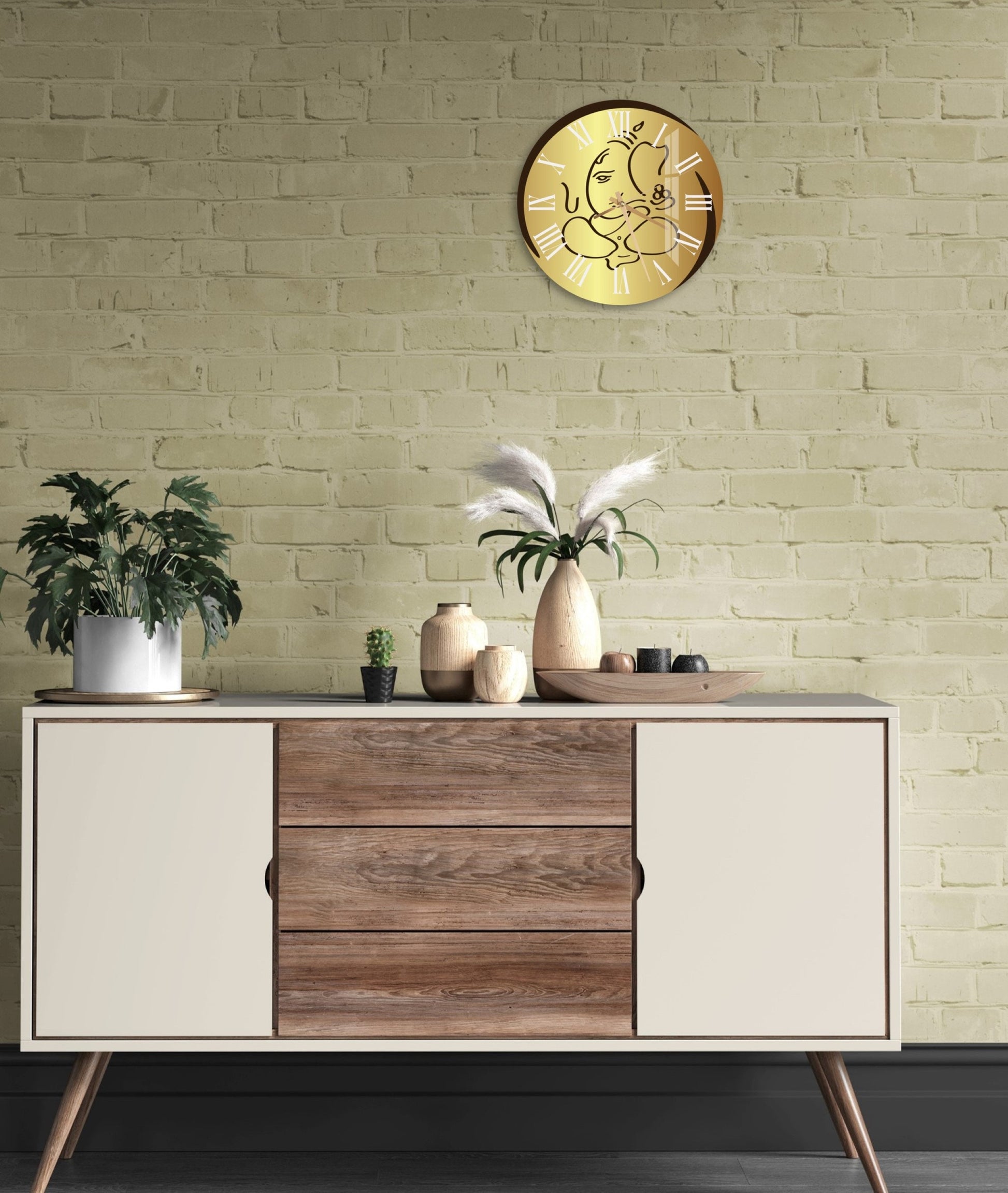 a white and brown sideboard with a clock above it