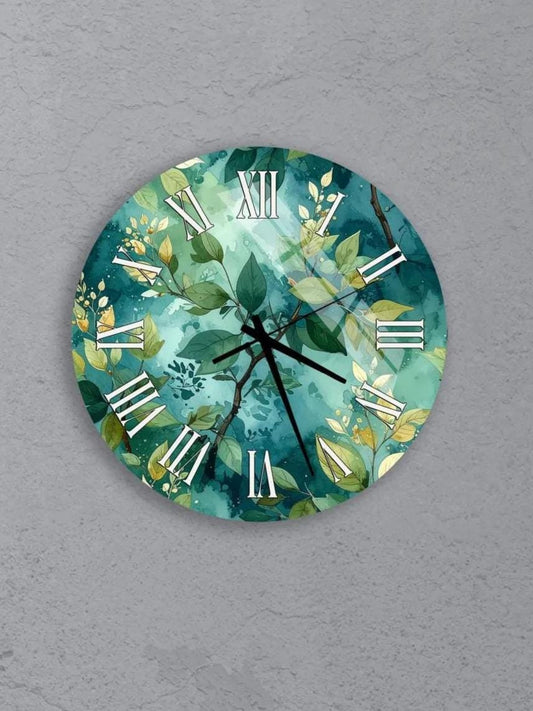 six round wall clocks with a green and white floral design.