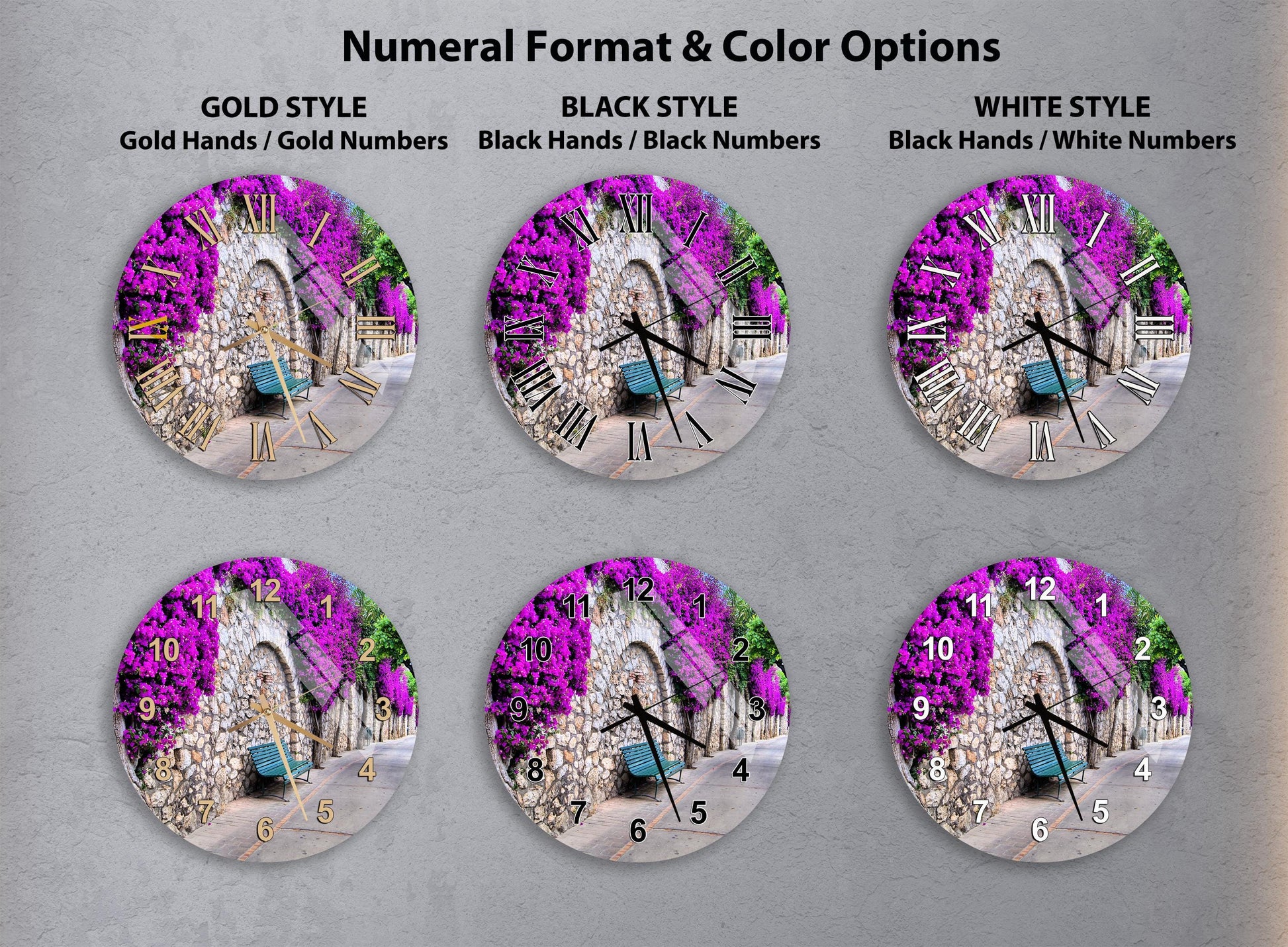 a collection of six clock faces, each with a different color and style, arranged in a grid. The clocks feature various designs, such as gold hands, black hands, and white hands, as well as different color schemes, including gold, black, and white. The clocks are set against a backdrop of a stone wall with a garden scene, creating a visually appealing and diverse display.