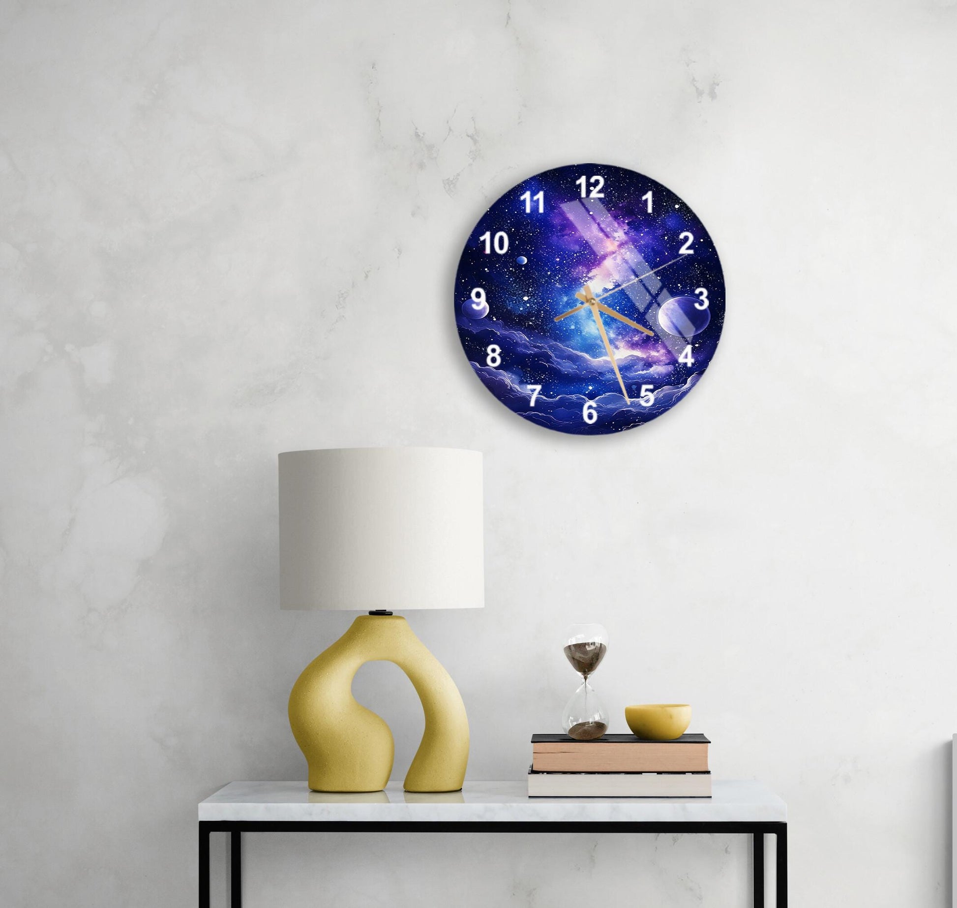 a table with a lamp and a clock on it