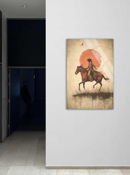 Cowboy Riding Horse Art – Rustic Western Wall Decor Tempered Glass Artwork