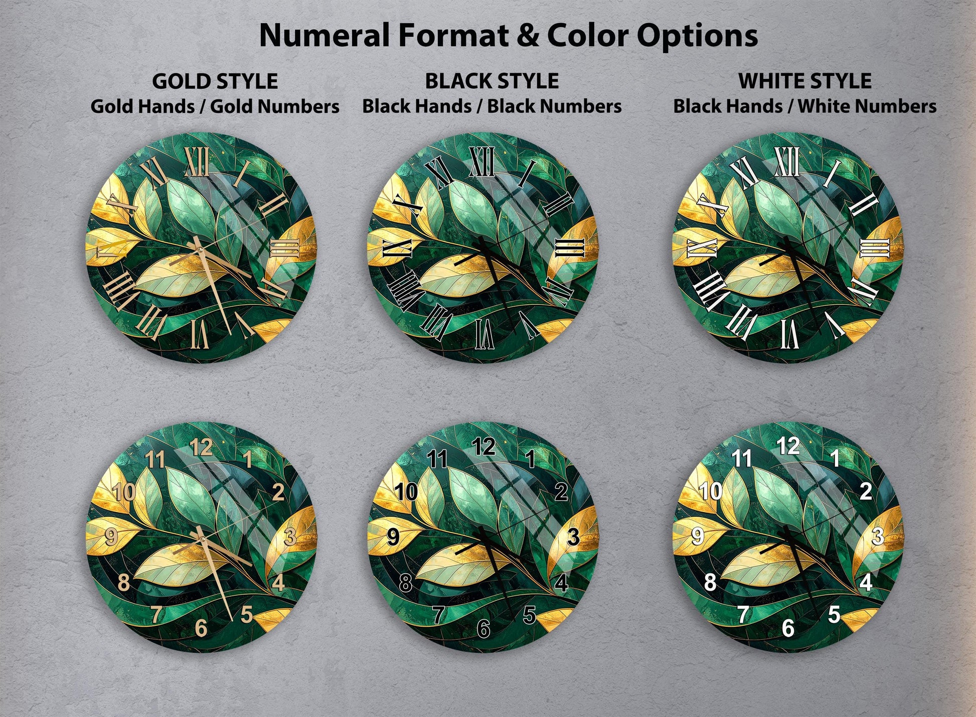 a collection of six clock faces with different styles and color options, including gold hands, black hands, and white numbers.