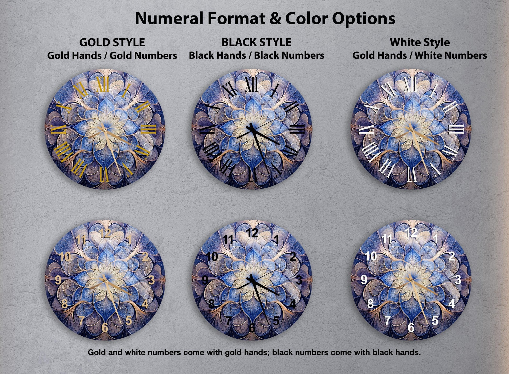a set of four blue and white clock faces