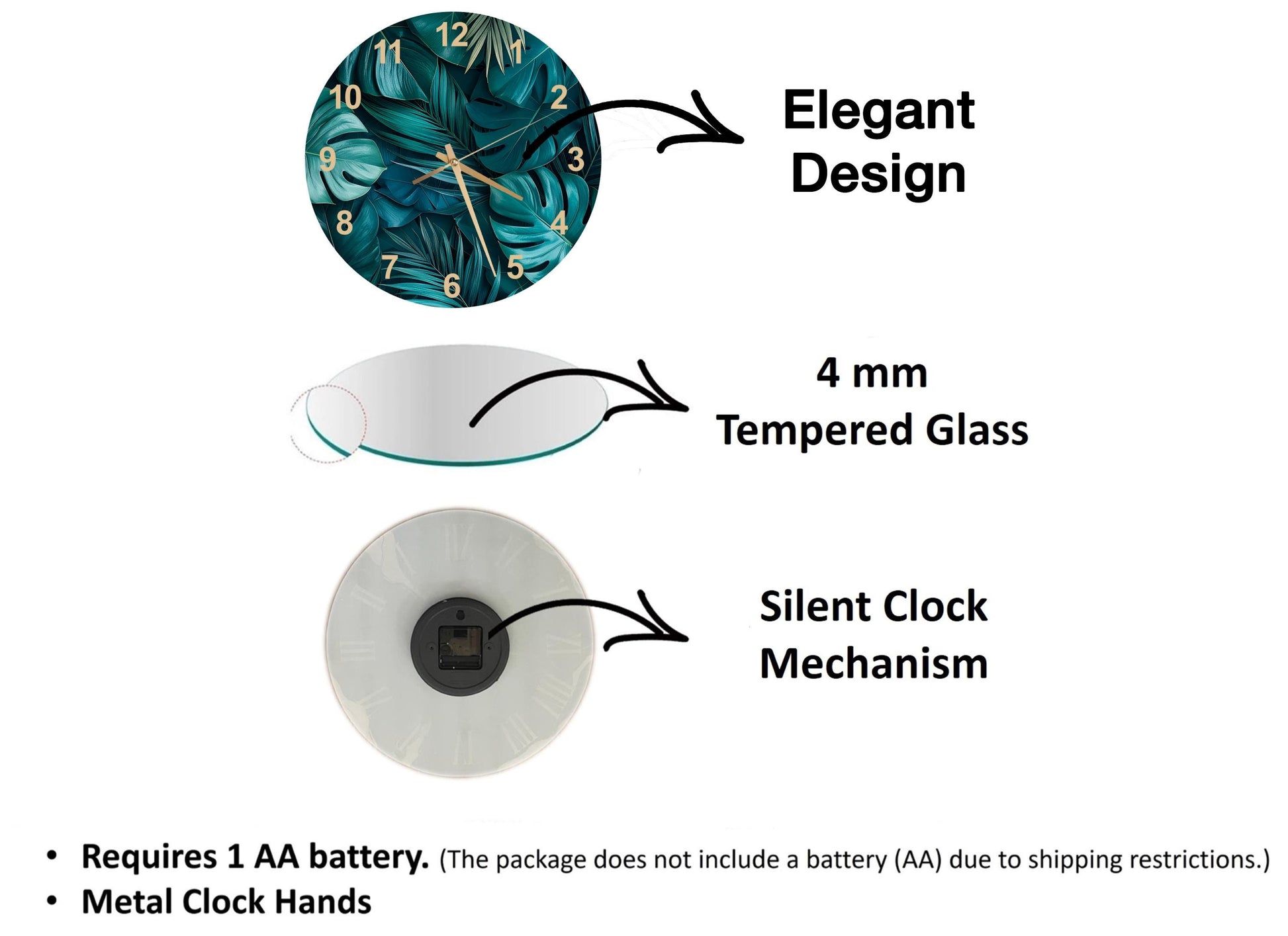 The image is a 3D rendering of a clock with a tropical leaf design, accompanied by text describing the clock's features and specifications.