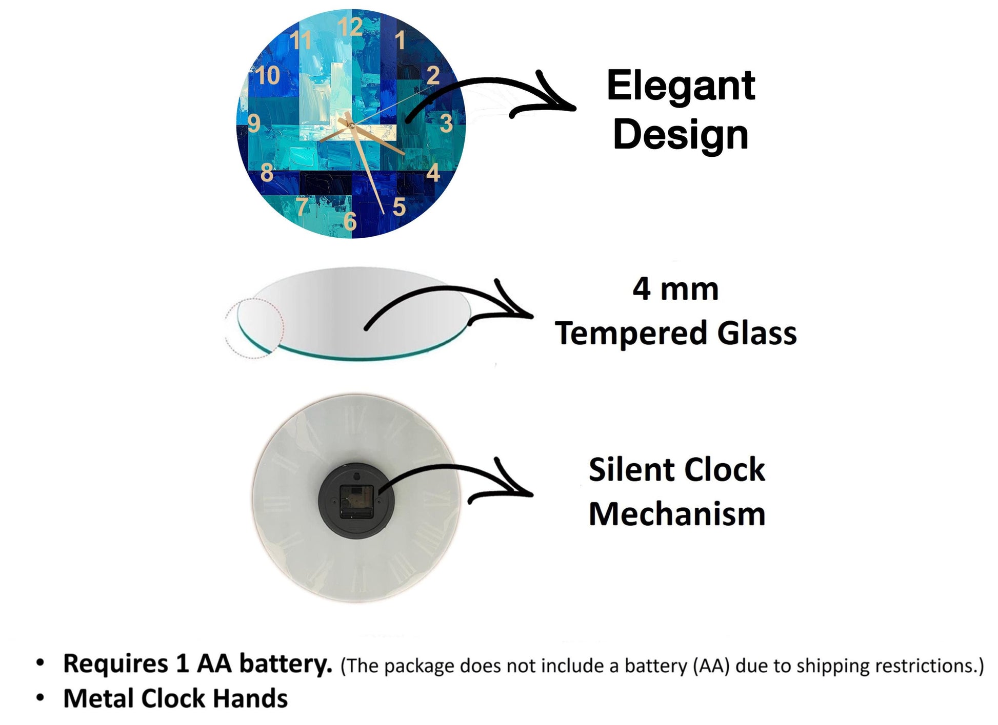 The image is a diagram that illustrates the features of a clock, including its design, size, and mechanism.