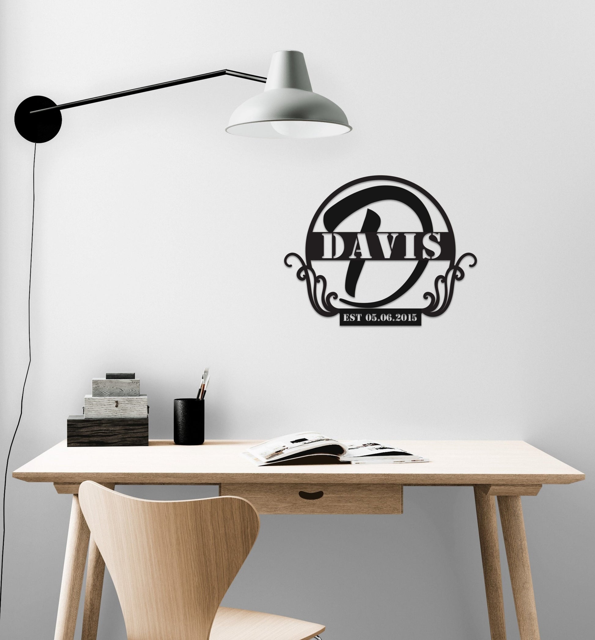 a desk with a chair and a lamp on it