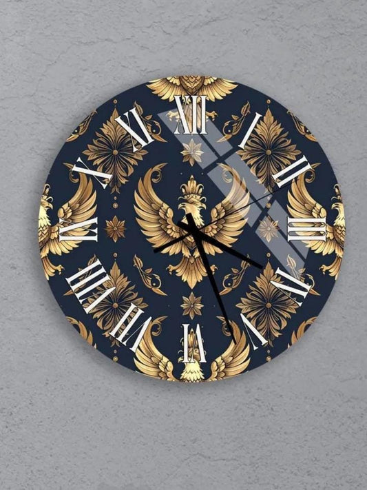 six circular wall clocks with a gold and navy blue design, featuring a bird motif. The clocks are arranged in a grid pattern on a gray background.