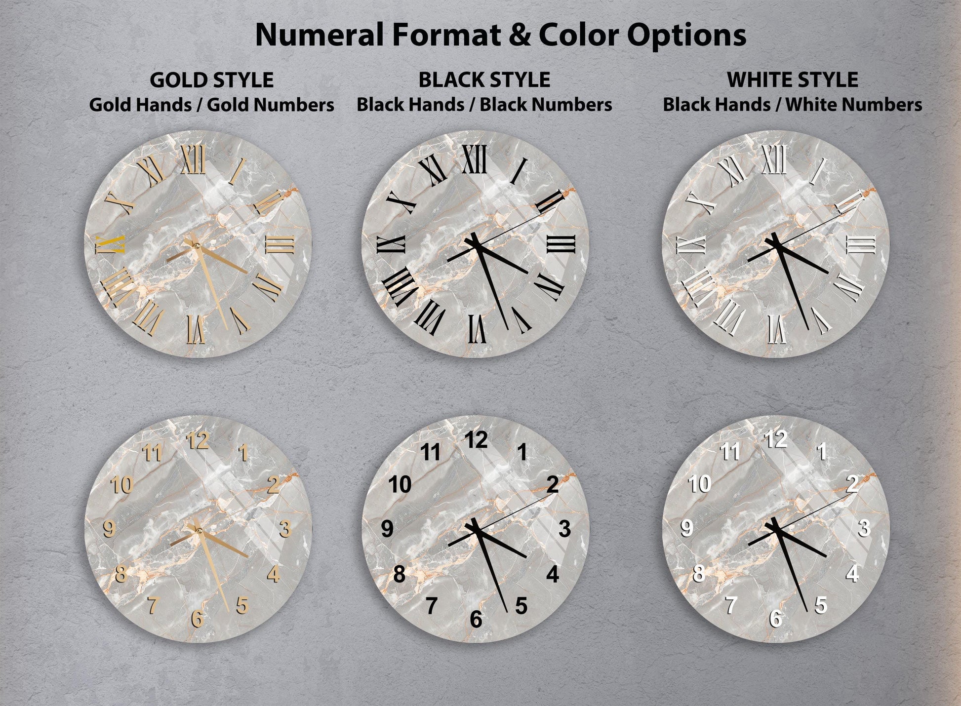 a collection of six different clock designs, each with a unique style and color option. The clocks are arranged in a grid format, with three rows and two columns, showcasing the variety of options available for a clock design.