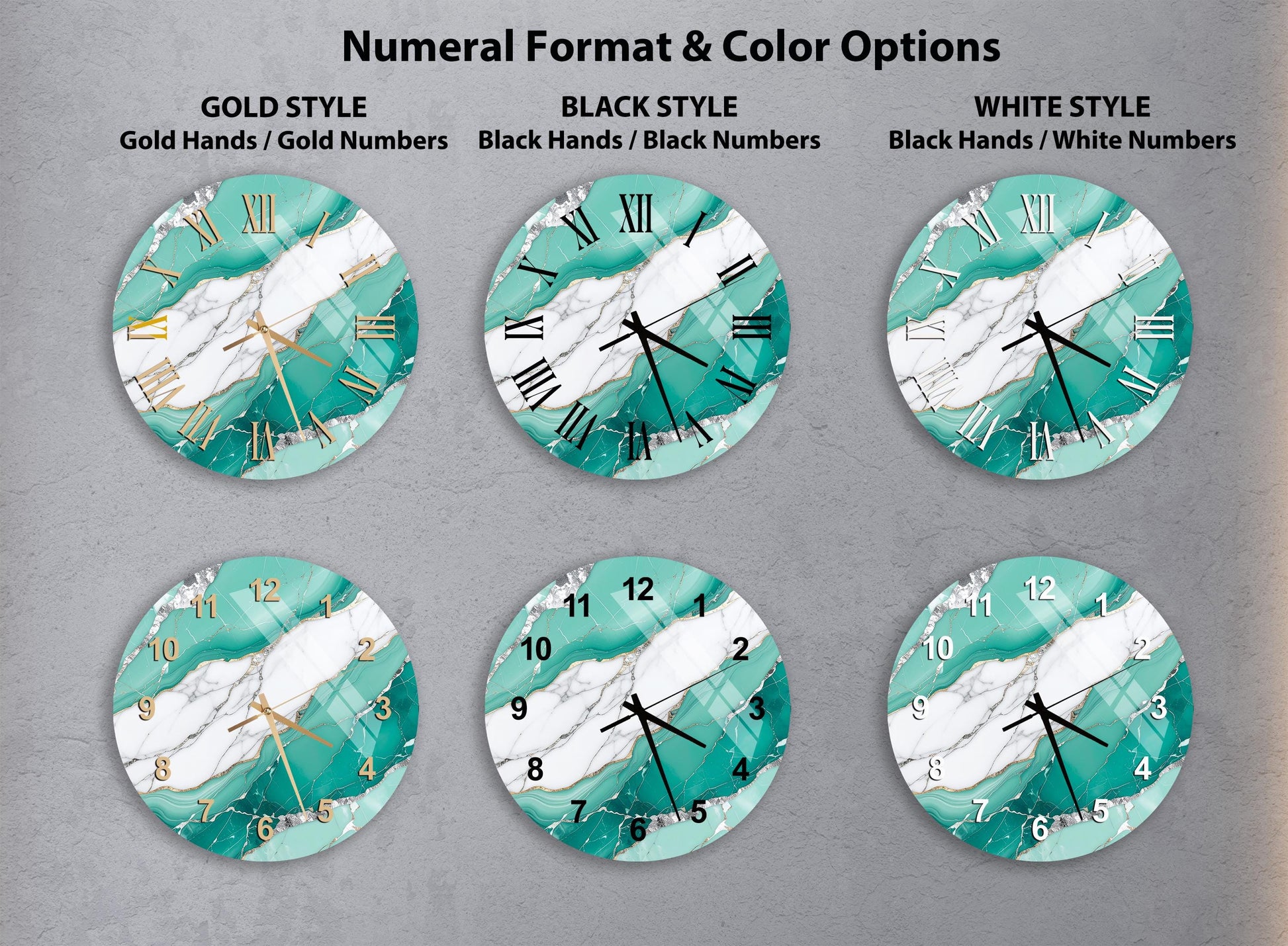 six different clock designs with varying styles and color options, including gold hands, black hands, black numbers, white hands, black numbers, and white numbers.