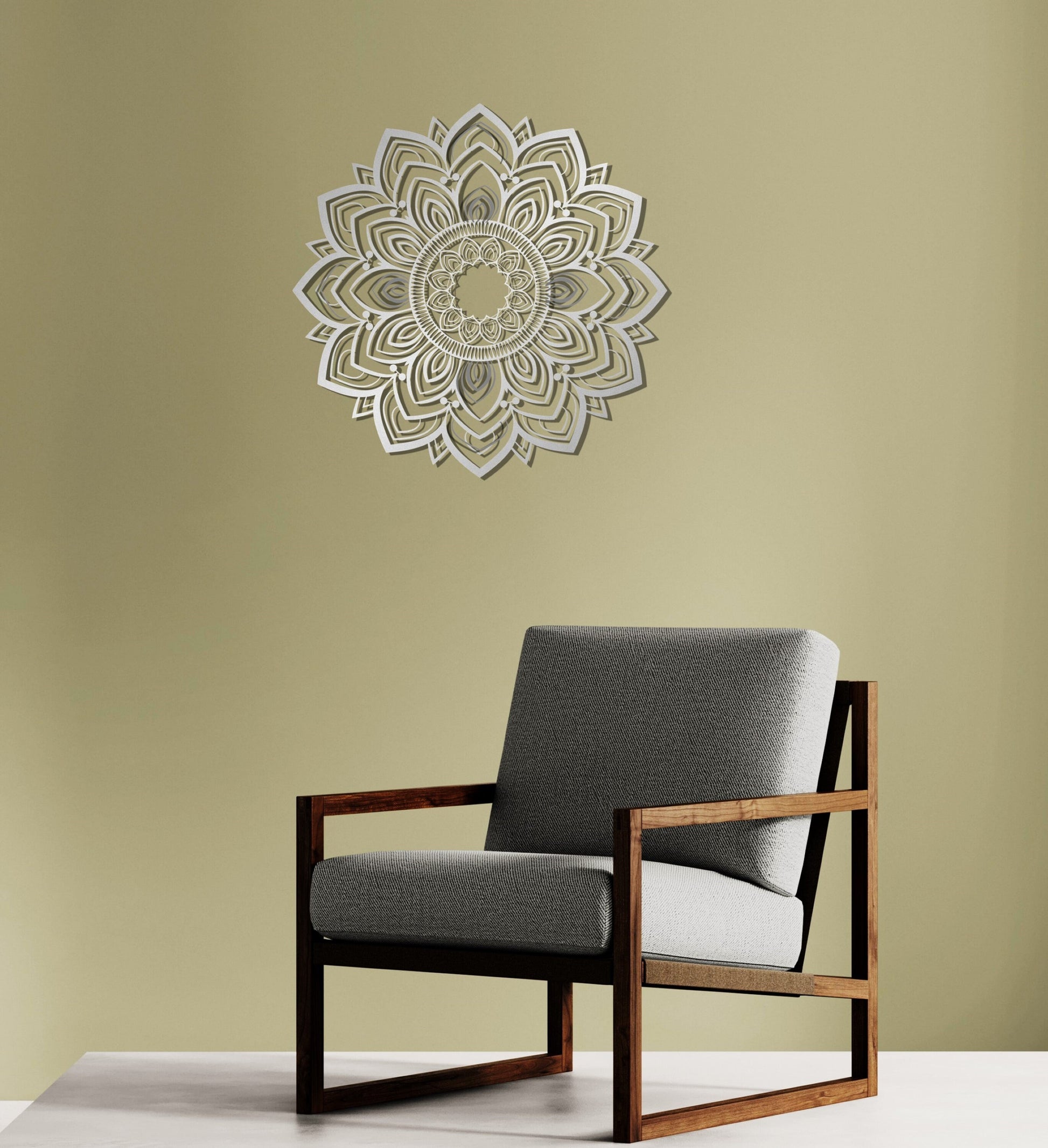 a chair sitting in front of a clock on a wall