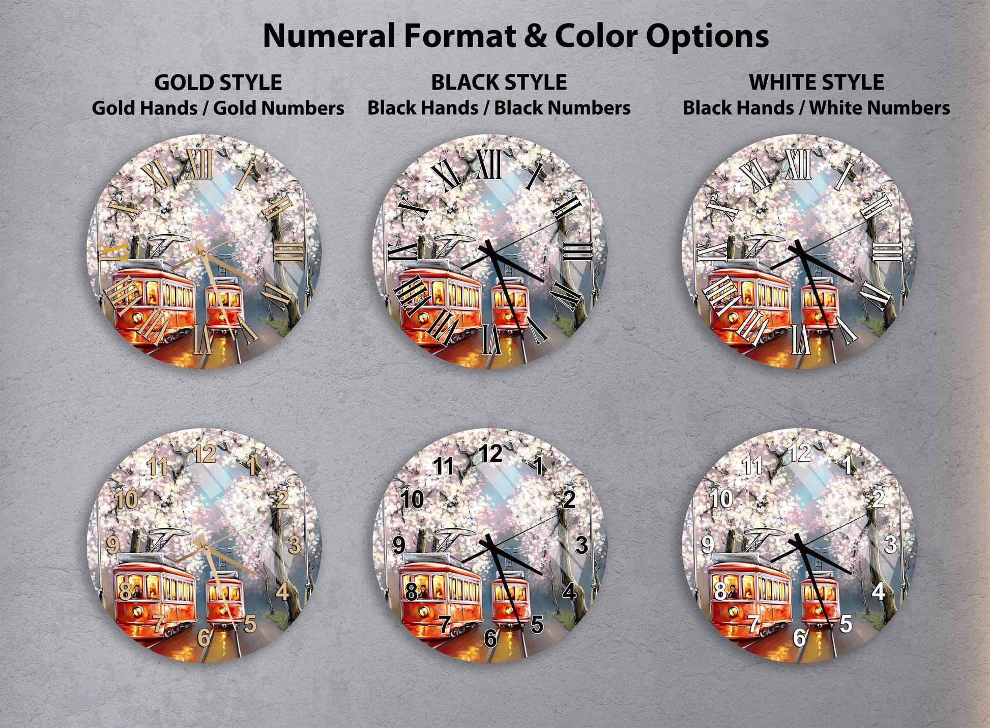 six different clock faces, each with a unique design and color scheme. The clocks are arranged in a grid format, with three rows and two columns. The clocks feature various styles, including gold, black, and white, as well as different color options. The clocks are designed to showcase the artistic elements of the trolley car and the floral background.