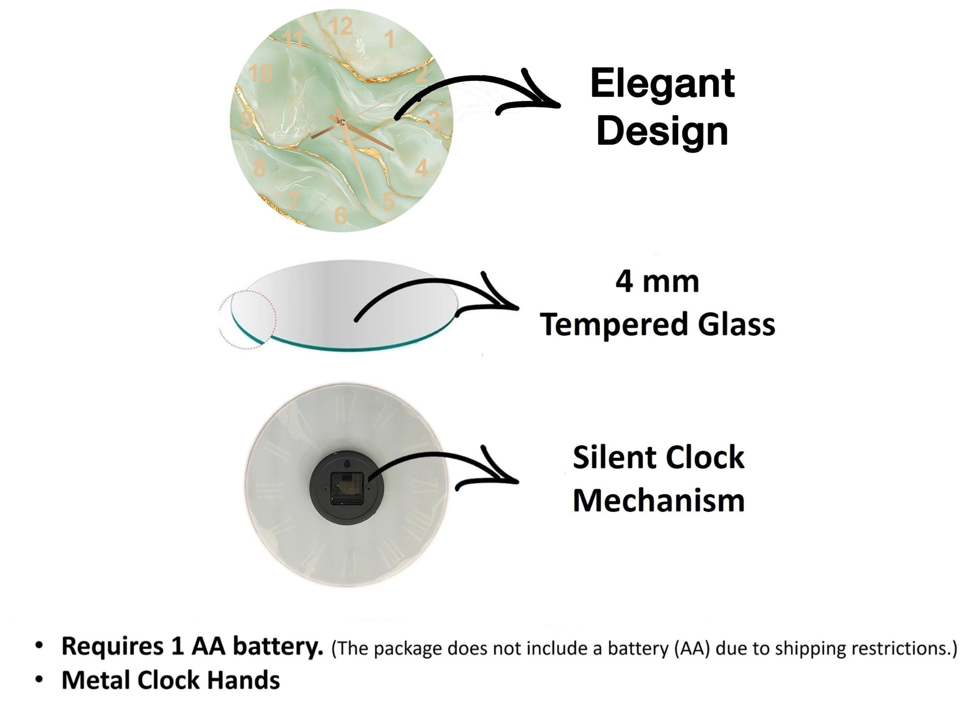 The image is a diagram that illustrates the features of a clock, including its design, size, and mechanism.