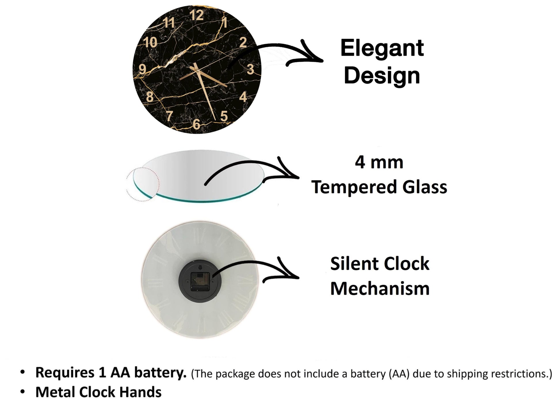 The image is a diagram that illustrates the features of a clock, including its design, materials, and mechanism.