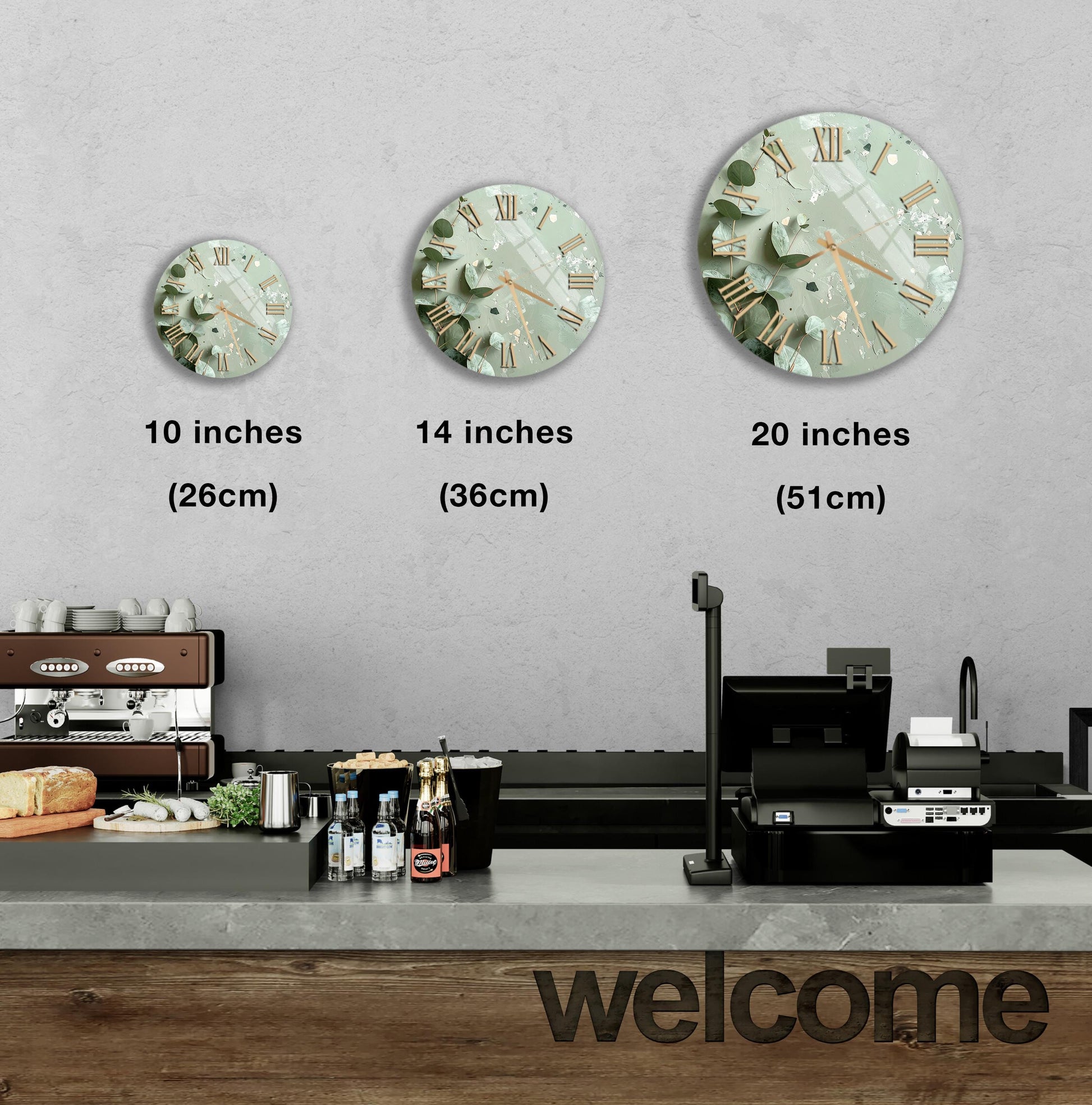 a counter with a cash register, a coffee machine, and a welcome sign. There are three clocks displayed on the wall, each at different sizes, indicating the time in inches.