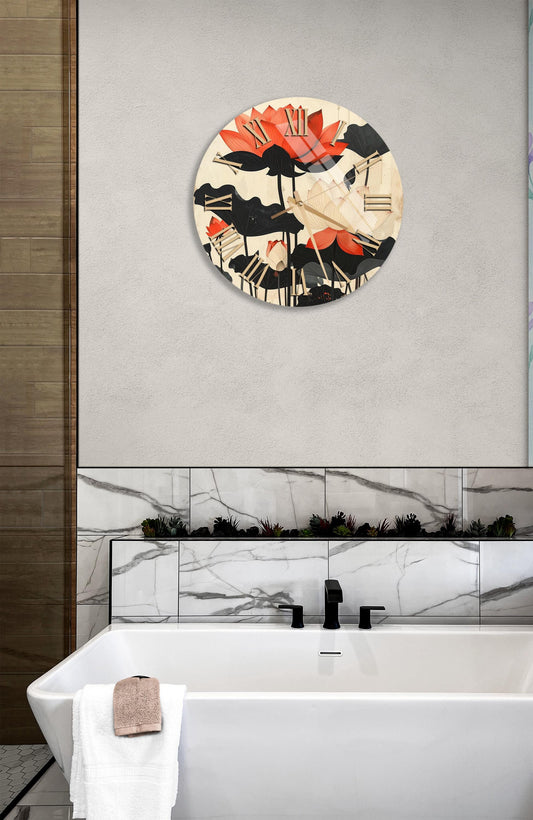 Tempered Glass Wall Clock – Orange Lotus Design | Large Silent Sweep Clock