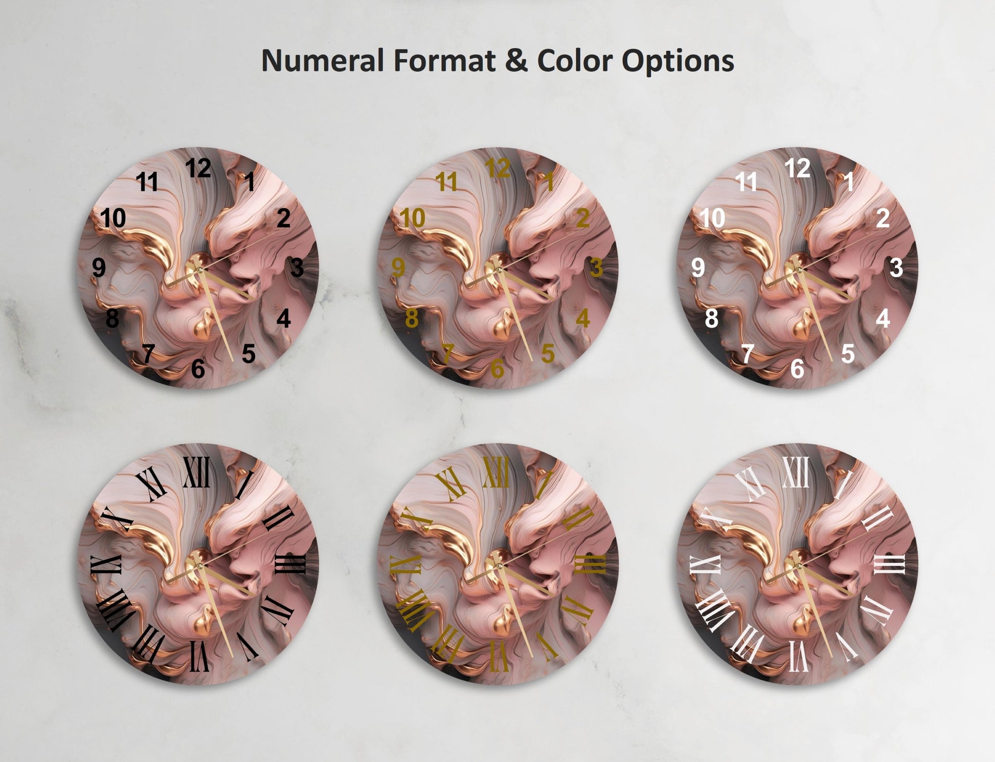 a set of four clocks with different designs on them