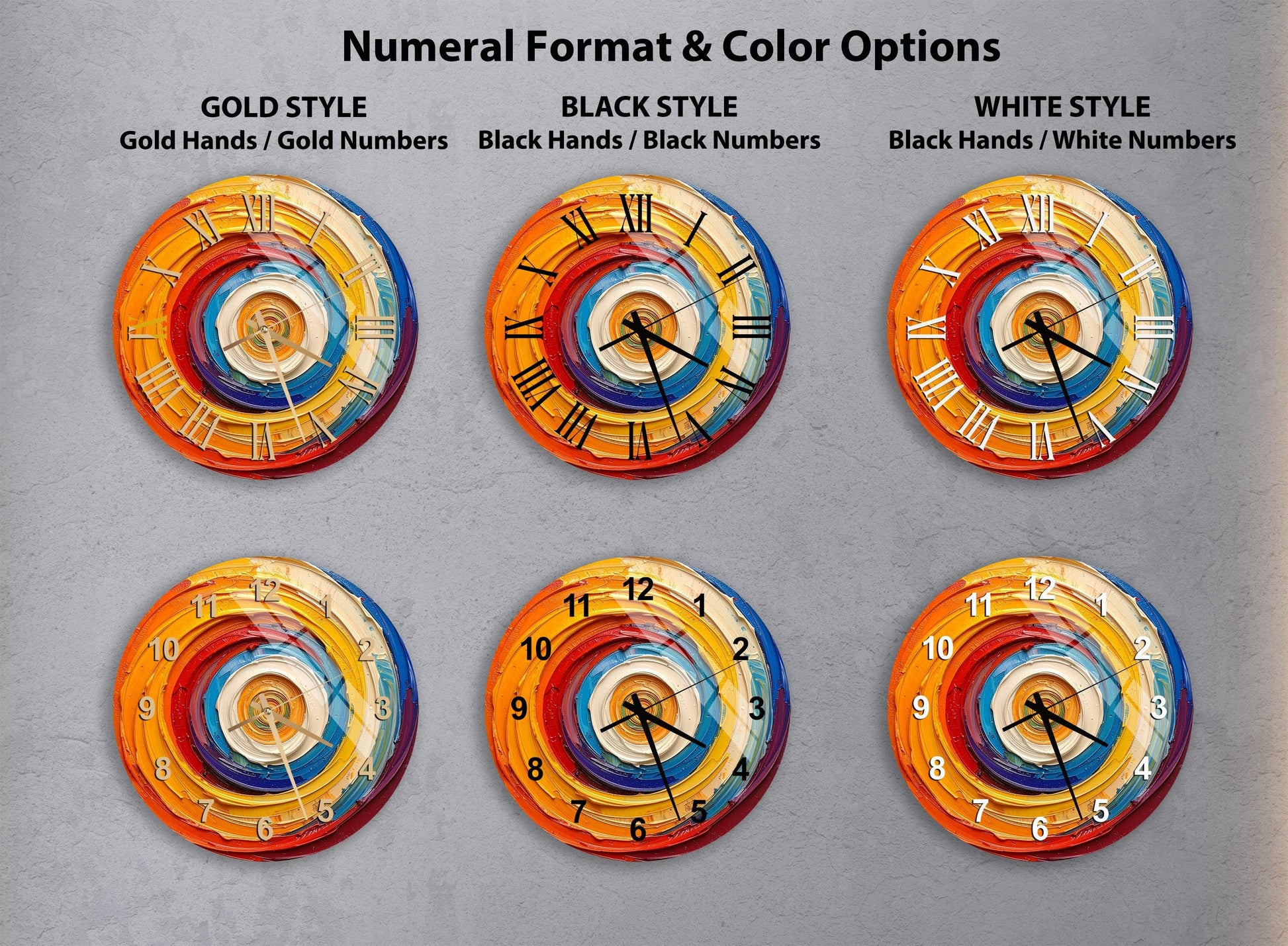 six different clock designs, each with a unique color scheme and style. The clocks are arranged in a grid format, with three rows and two columns. The clocks feature various color combinations, such as gold, black, white, and orange, as well as different styles like gold hands, black hands, and white numbers. The clocks are presented in a visually appealing manner, showcasing the diversity of the designs.