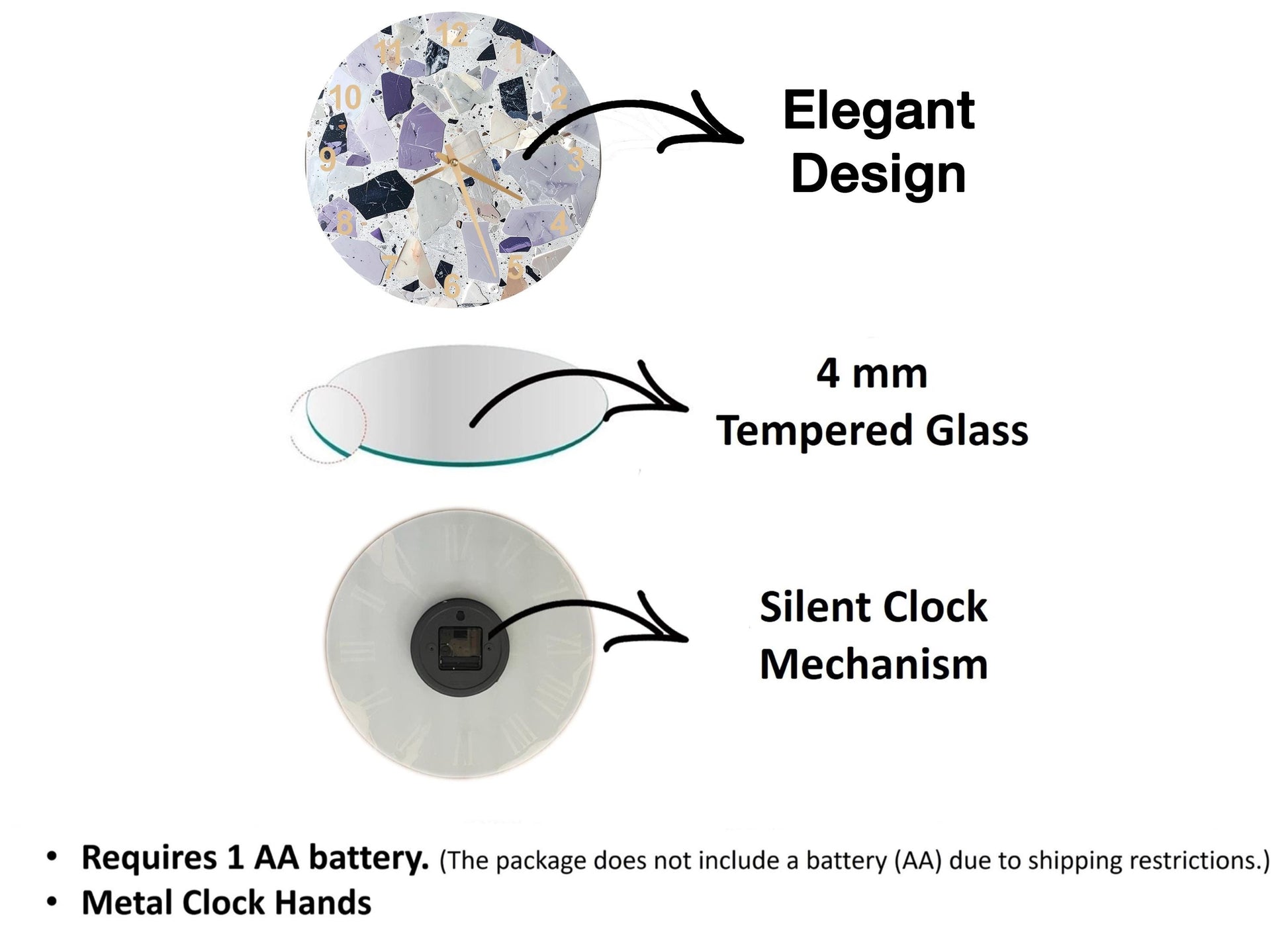 The image is a diagram that illustrates the components of an elegant design clock, including a 4 mm Tempered Glass face, a silent clock mechanism, and metal clock hands.