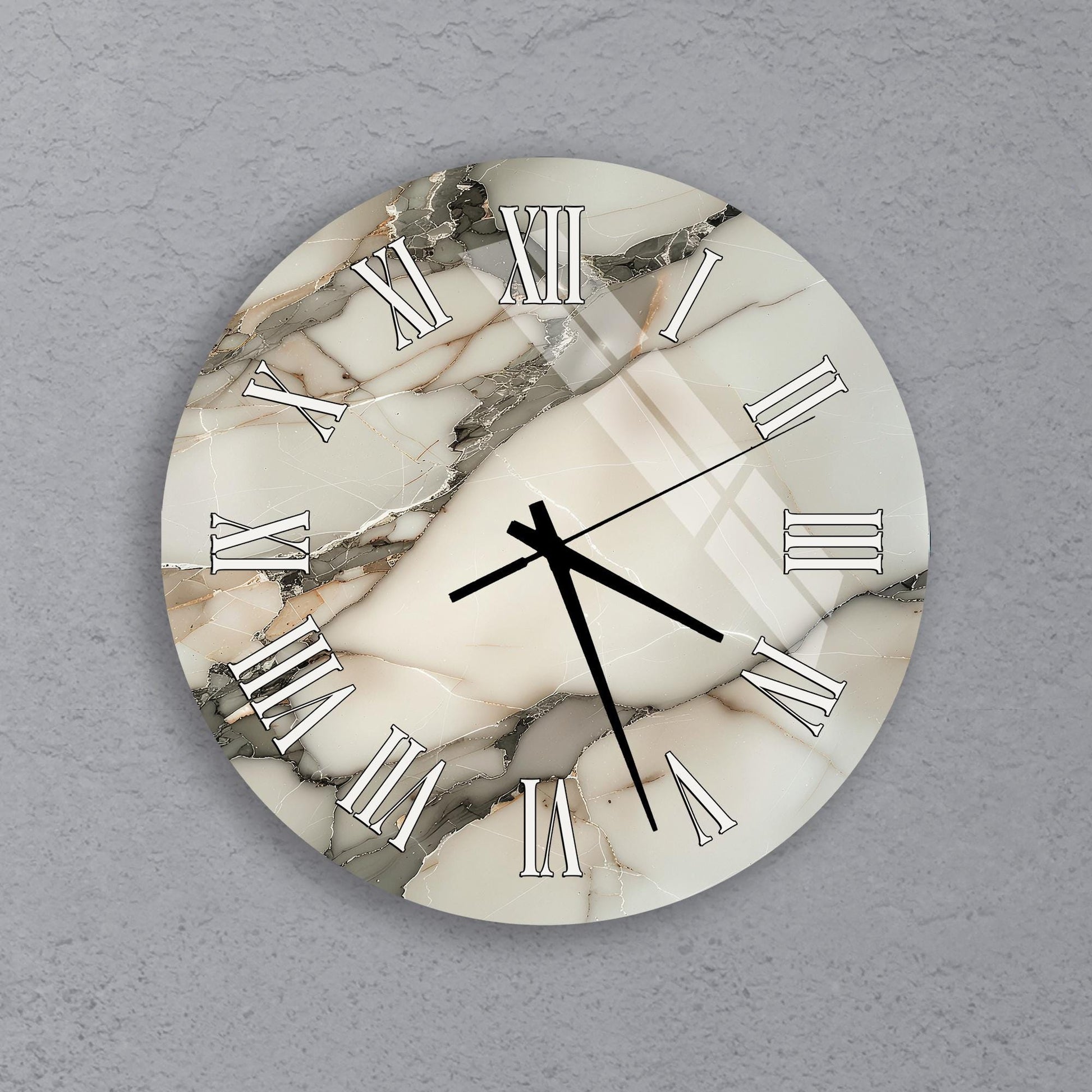 A round wall clock with Roman numerals on a marble-like background.