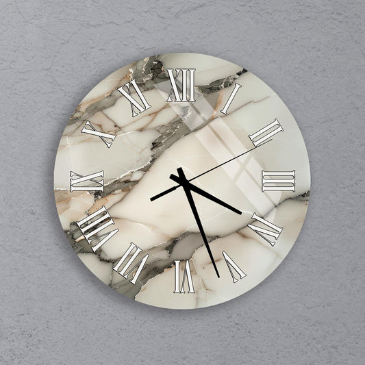 A round wall clock with Roman numerals on a marble-like background.