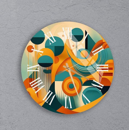 Boho Glass Wall Clock | Tempered Glass Clock - Retro Shapes, Colorful Home Decor