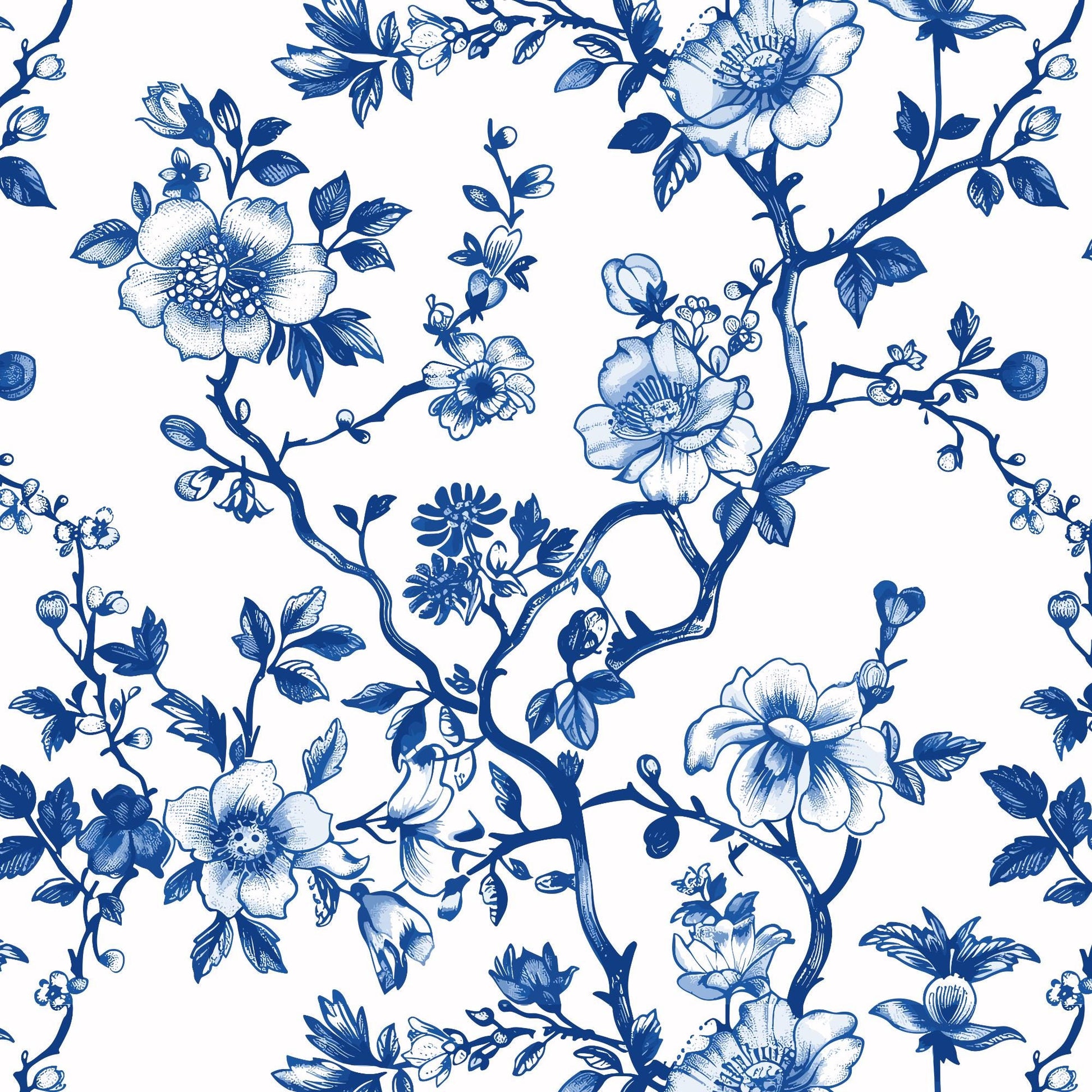 a repeating pattern of blue flowers and branches against a white background.