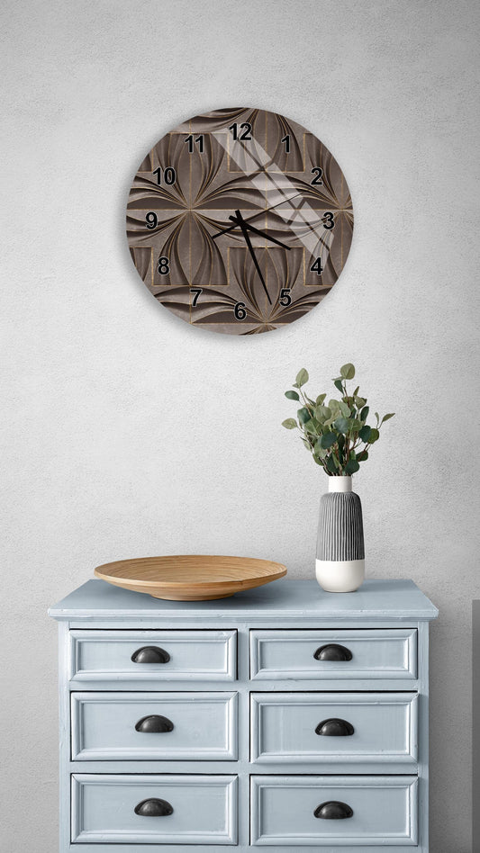 a wall clock with a unique, abstract design, a wooden tray, a vase with greenery, and a light blue dresser with six drawers.